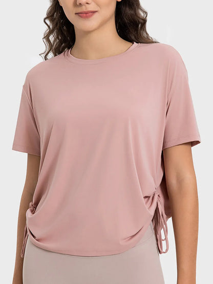 Millennia Drawstring Round Neck Short Sleeve Active T-Shirt Carauana Store