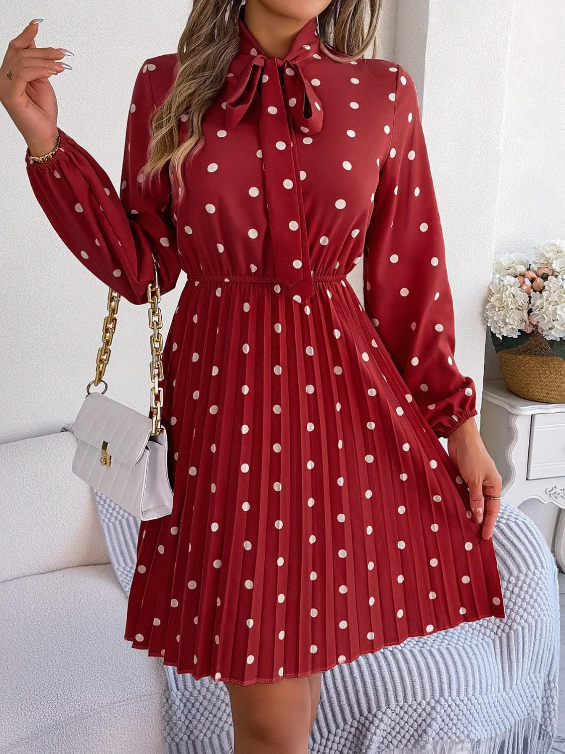 Polka Dot Tie Neck Pleated Dress Carauana Store