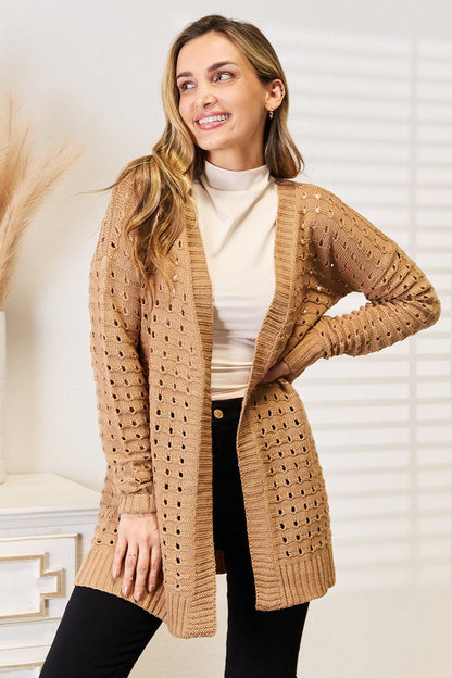 Woven Right Openwork Horizontal Ribbing Open Front Cardigan Carauana Store