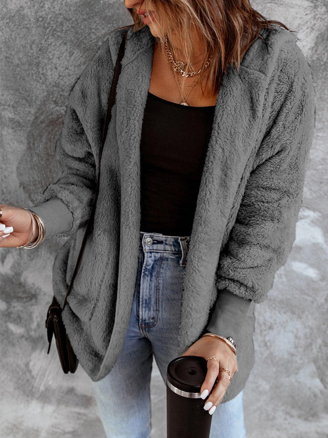 Open Front Hooded Faux Fur Outwear with Pockets Carauana Store