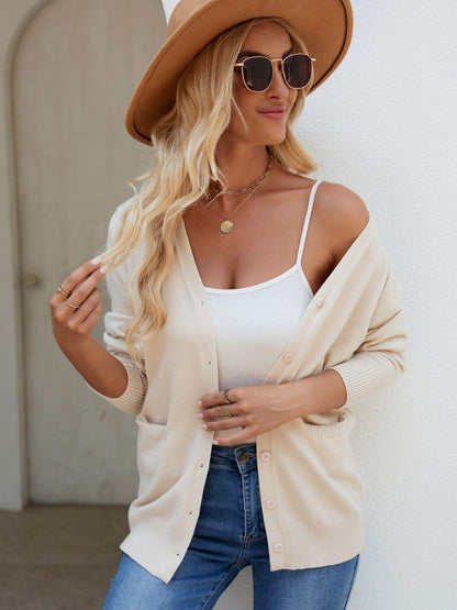 Pocketed V-Neck Button Up Long Sleeve Cardigan Carauana Store