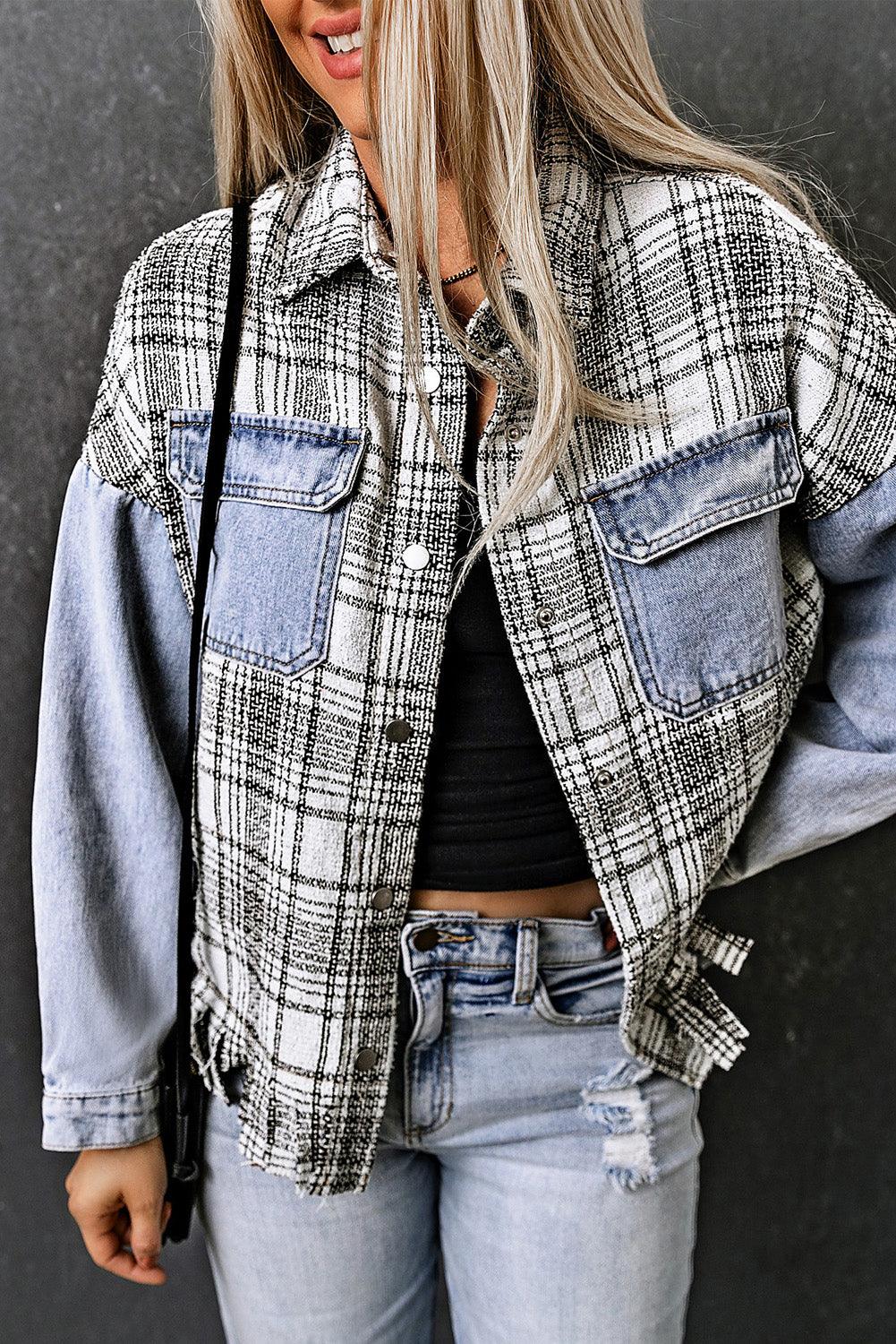 Plaid Pocketed Snap Down Denim Jacket Carauana Store