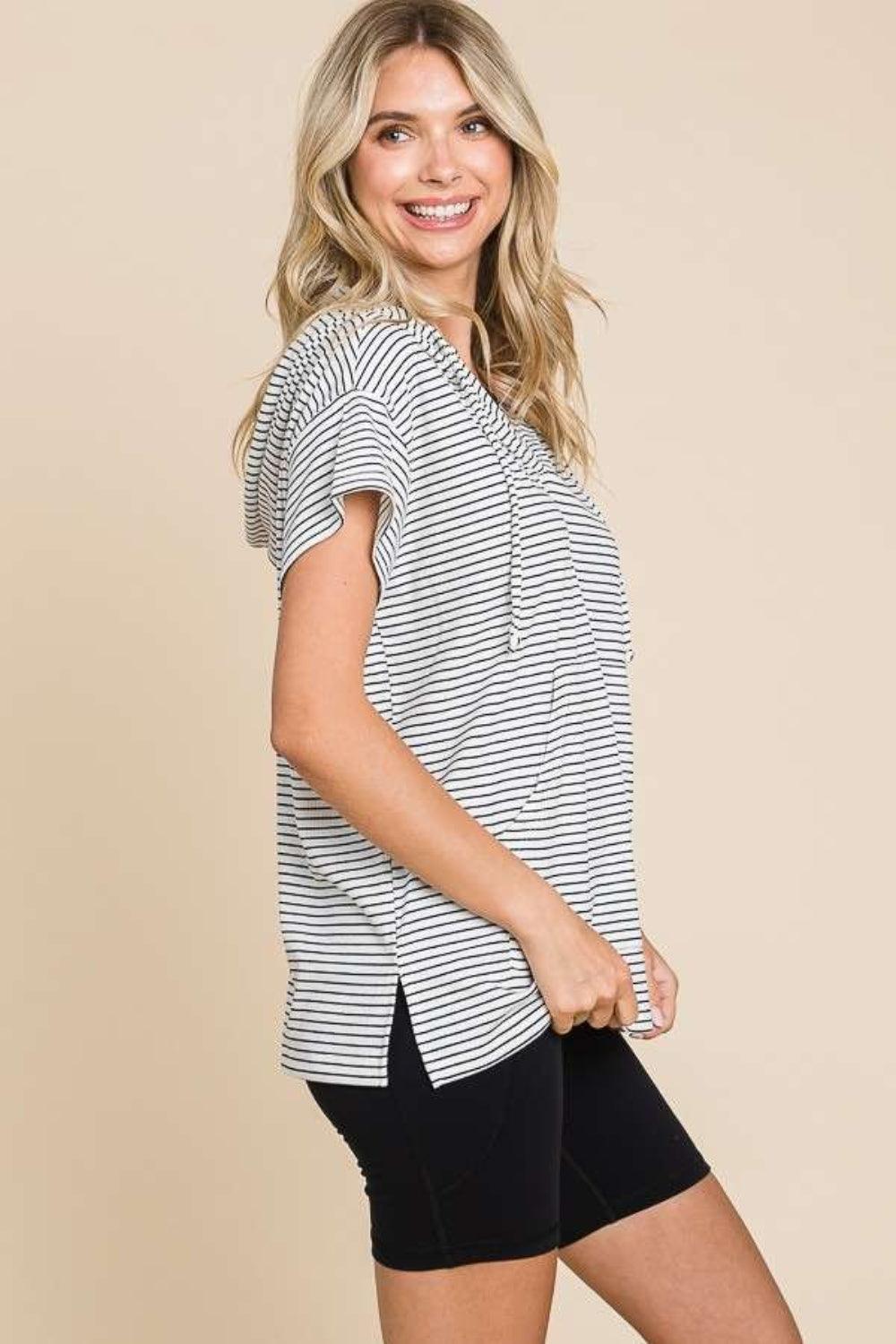 Culture Code Full Size Striped Short Sleeve Hooded Top Carauana Store
