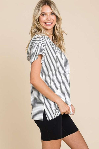 Culture Code Full Size Striped Short Sleeve Hooded Top Carauana Store