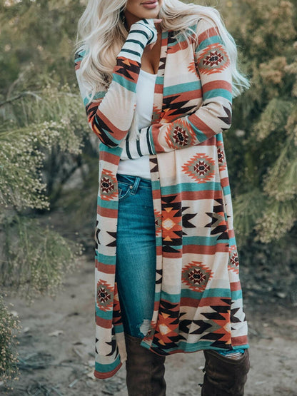 Geometric Open Front Long Sleeve Cardigan Carauana Store