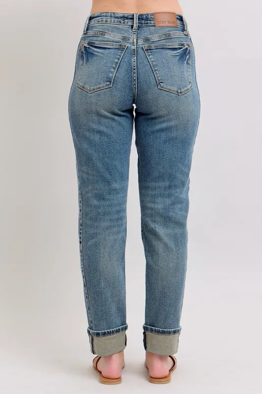 Judy Blue Full Size Mid Rise Vintage Wash Double Roll Cuff Boyfriend Jeans Plus Size Carauana Store