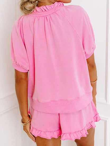 Half Zip Puff Sleeve Top and Ruffled Shorts Set Carauana Store