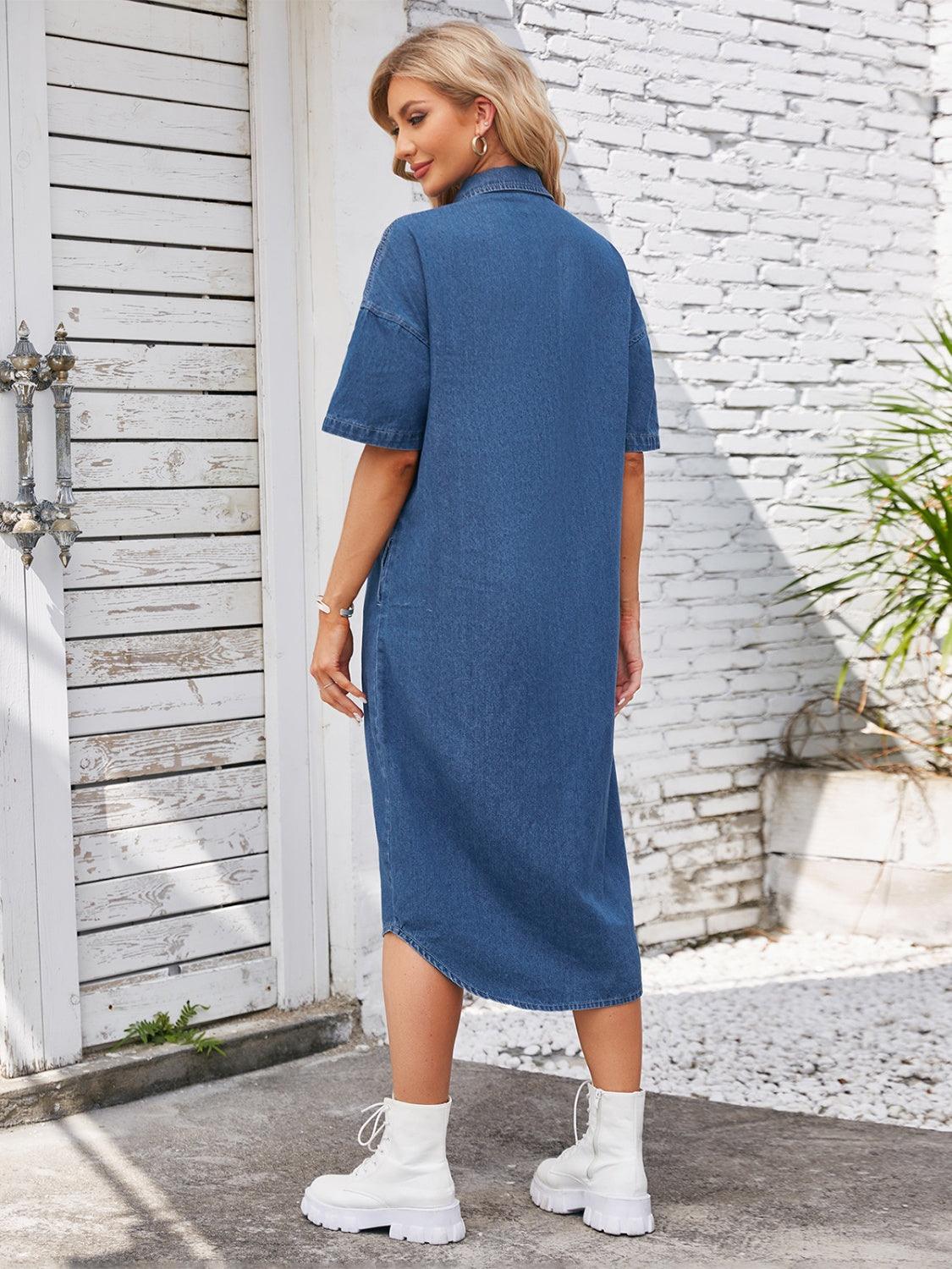 Button Up Dropped Shoulder Denim Dress Carauana Store
