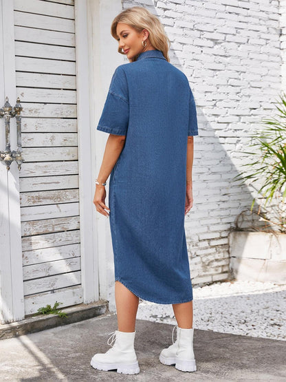 Button Up Dropped Shoulder Denim Dress Carauana Store
