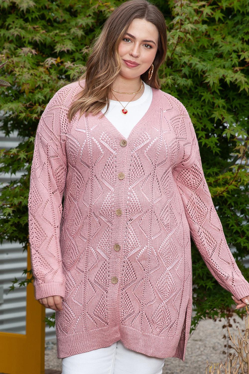 Plus Size Openwork V-Neck Long Sleeve Buttoned Cardigan Carauana Store