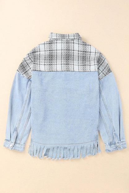 Plaid Pocketed Snap Down Denim Jacket Carauana Store