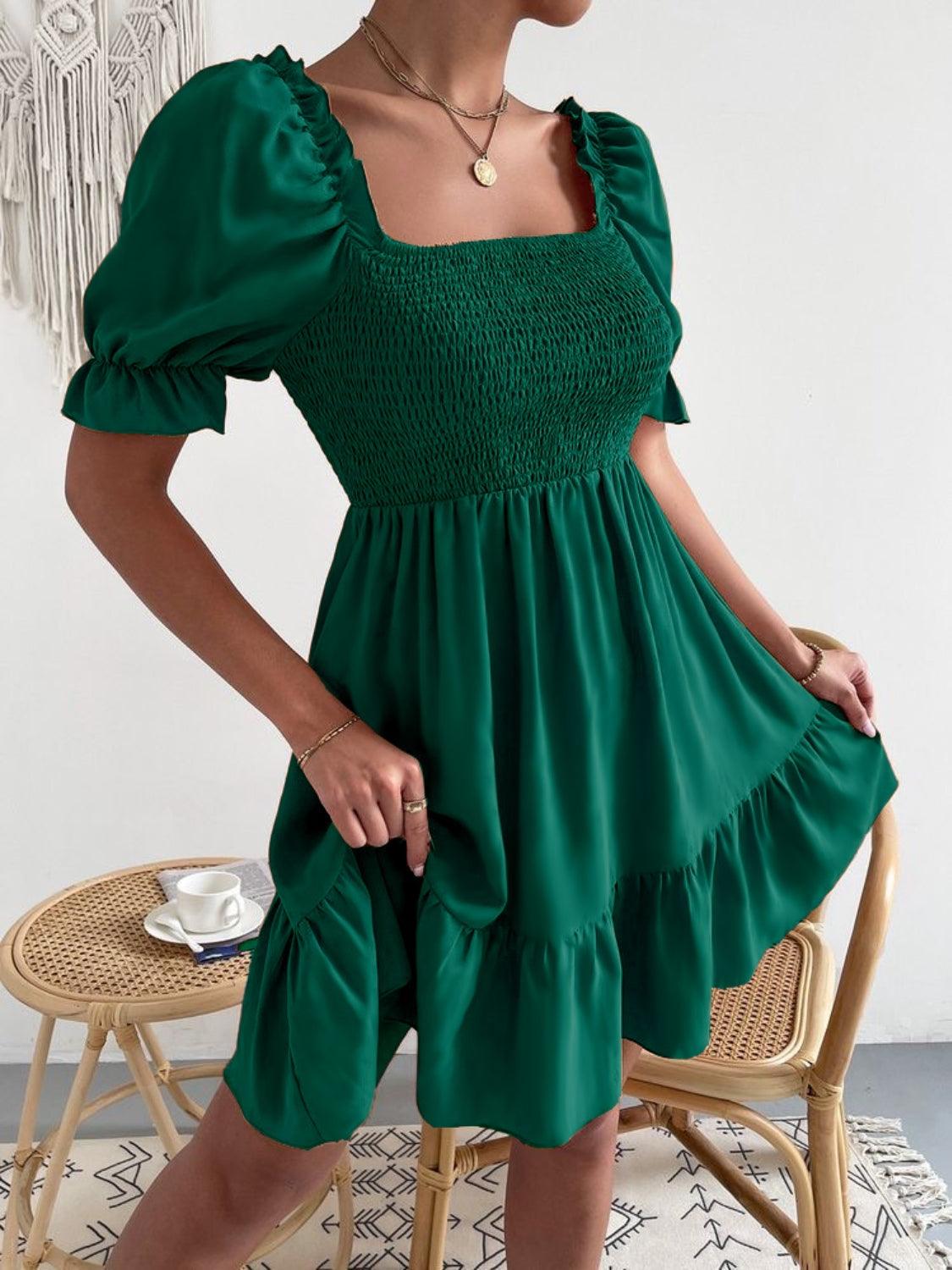 Smocked Square Neck Short Sleeve Dress Carauana Store