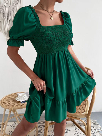 Smocked Square Neck Short Sleeve Dress Carauana Store