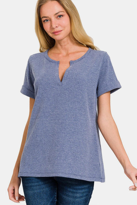 Zenana Notched Short Sleeve Waffle T-Shirt Carauana Store