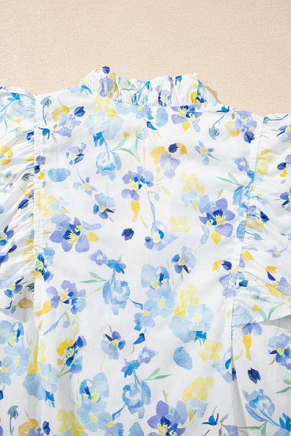 Sky Blue Floral Print Frilled Notched V Neck Blouse