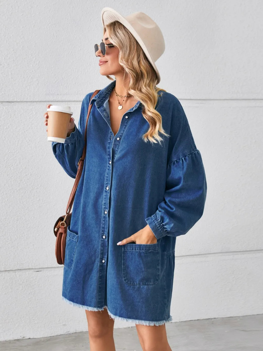 Button Up Pocketed Raw Hem Denim Dress Carauana Store