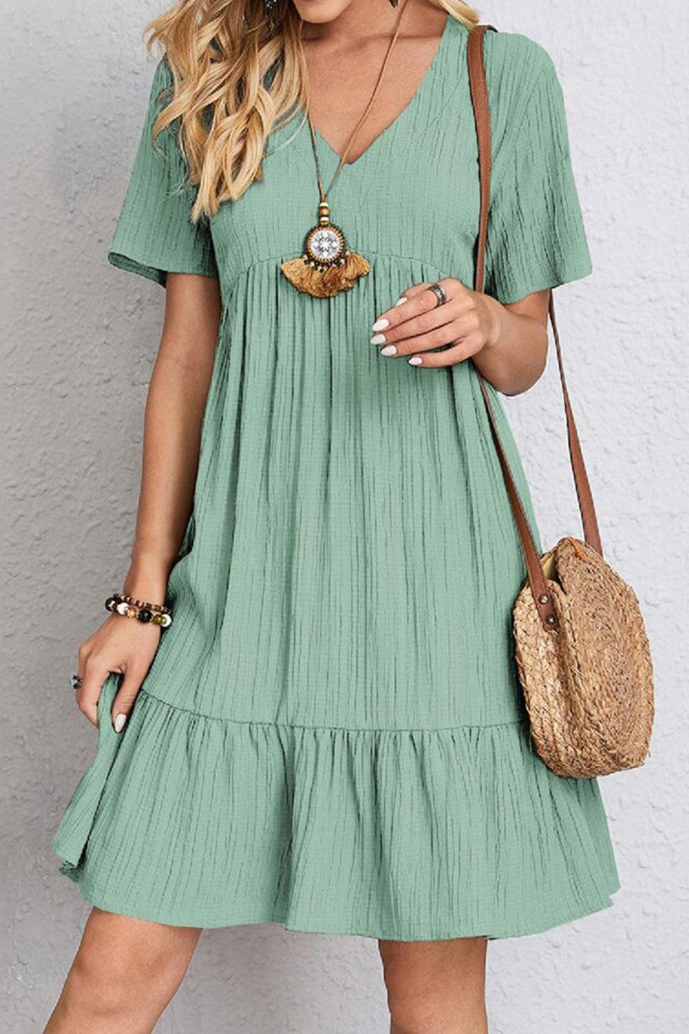 Full Size Ruched V-Neck Short Sleeve Dress Carauana Store