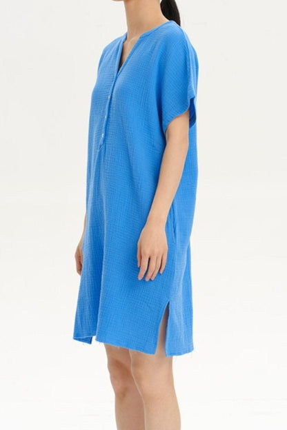 Slit Notched Short Sleeve Mini Dress Carauana Store