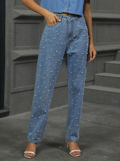 Pearl Detail Straight Jeans with Pockets Carauana Store