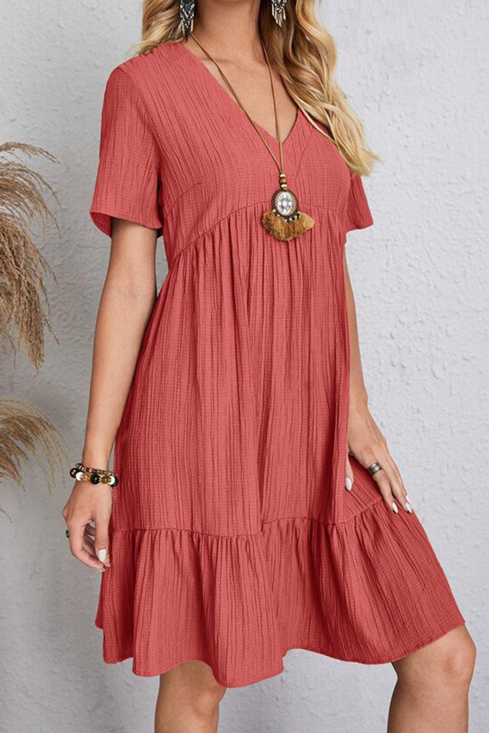 Full Size Ruched V-Neck Short Sleeve Dress Carauana Store