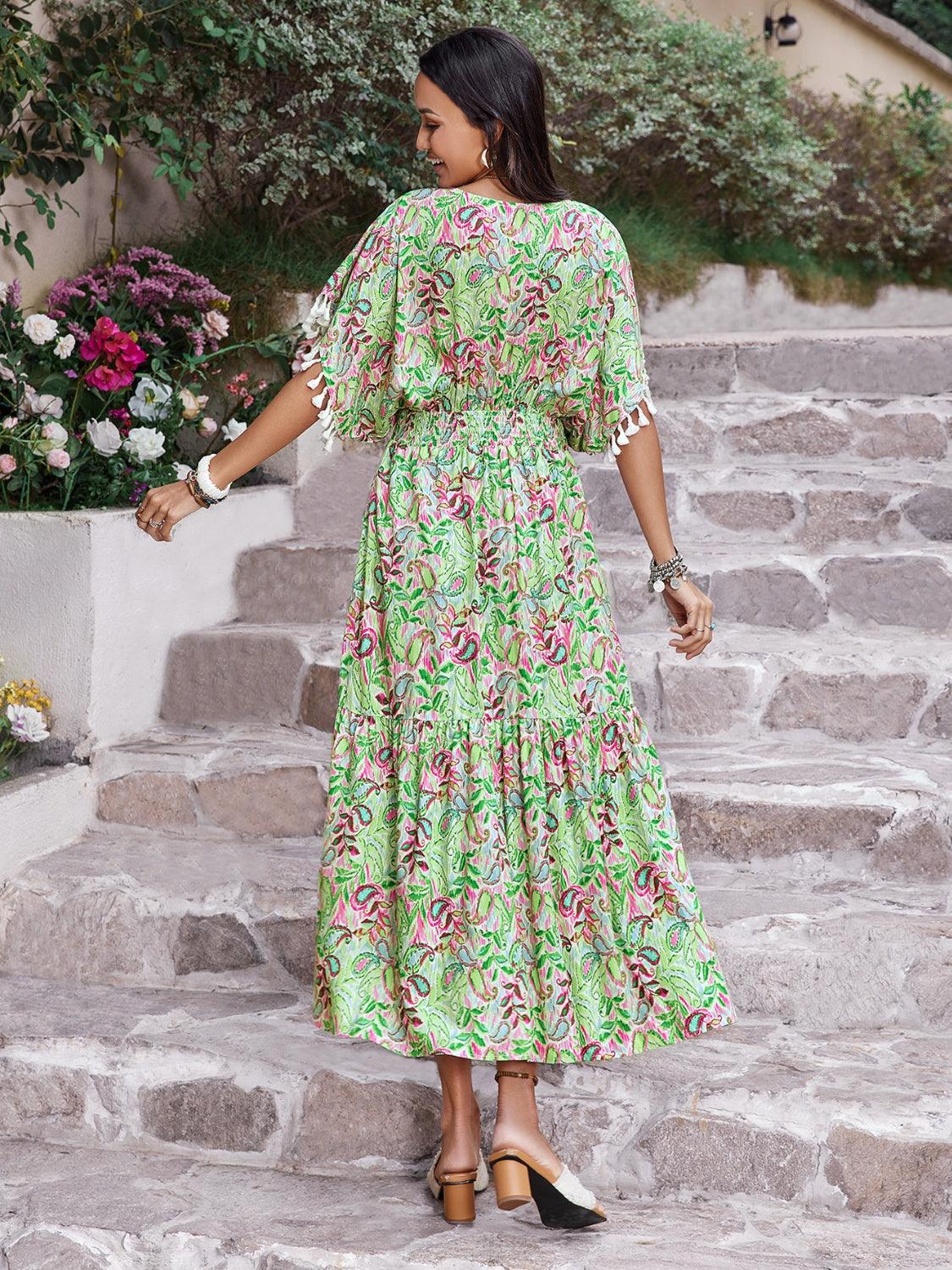Smocked Floral V-Neck Short Sleeve Dress Carauana Store