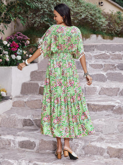 Smocked Floral V-Neck Short Sleeve Dress Carauana Store