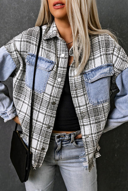 Plaid Pocketed Snap Down Denim Jacket Carauana Store