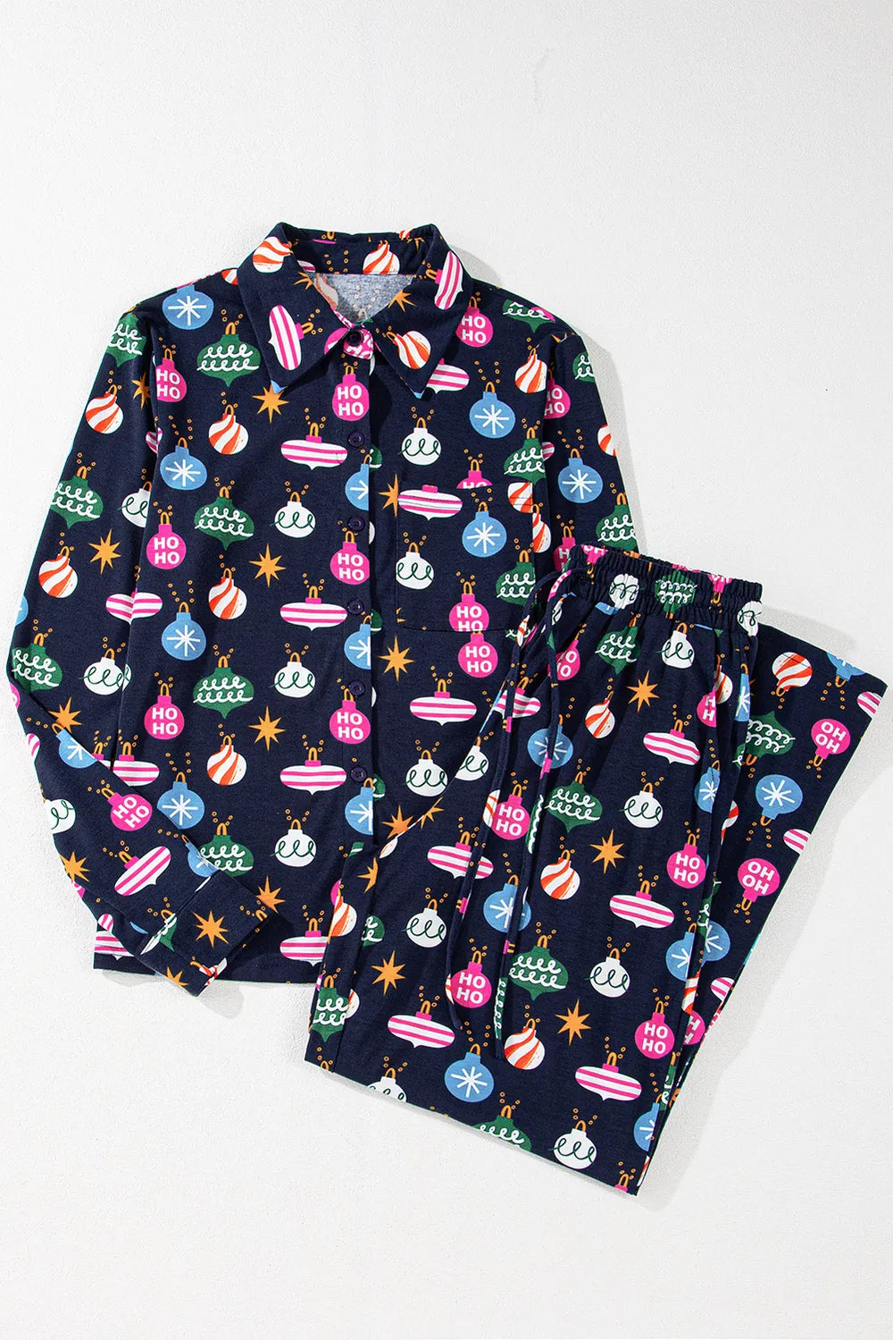 Christmas Lights Print Collared Neck Top and Pants Set Carauana Store