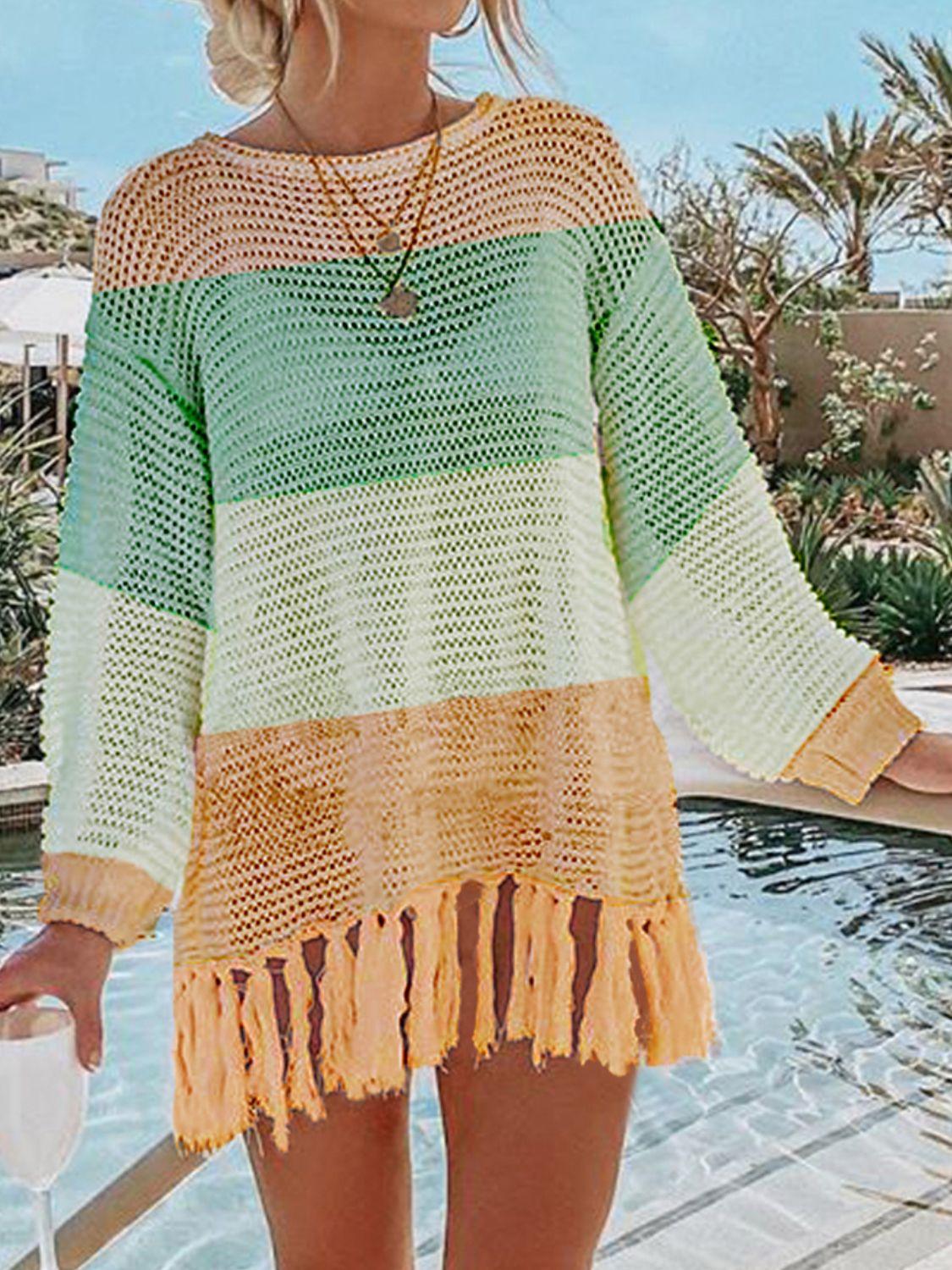 Double Take Openwork Tassel Hem Long Sleeve Knit Cover Up Carauana Store