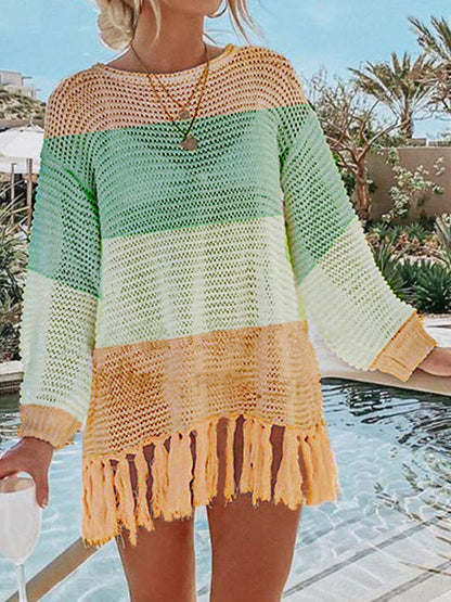 Double Take Openwork Tassel Hem Long Sleeve Knit Cover Up Carauana Store