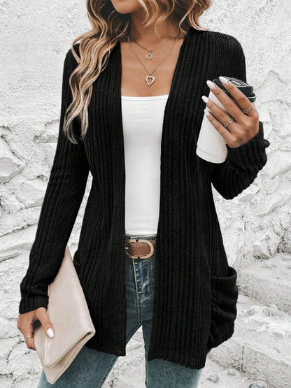 Pocketed Open Front Long Sleeve Cardigan Carauana Store