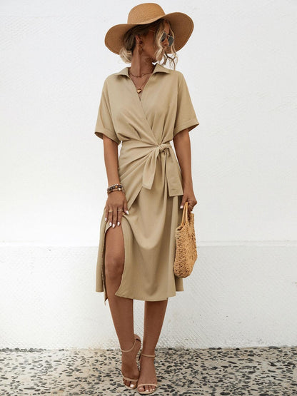 Tied Slit Short Sleeve Dress Carauana Store