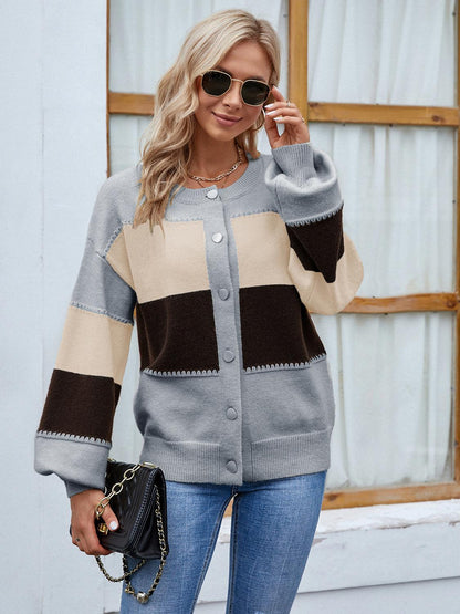 Color Block Button Up Lantern Sleeve Cardigan Carauana Store