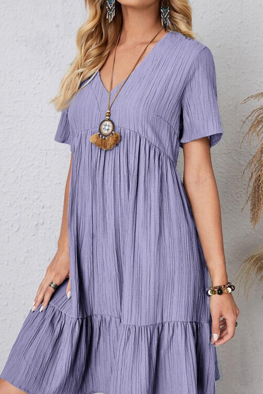 Full Size Ruched V-Neck Short Sleeve Dress Carauana Store