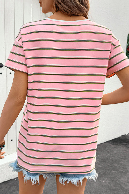 Pink Stripe V Neck Slim Fit Casual T Shirt