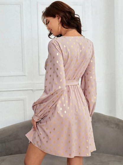 Tied Printed Surplice Long Sleeve Dress Carauana Store