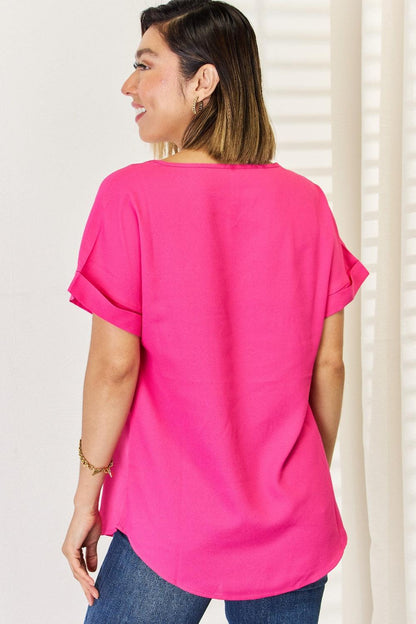 Zenana V-Neck Rolled Short Sleeve T-Shirt Carauana Store