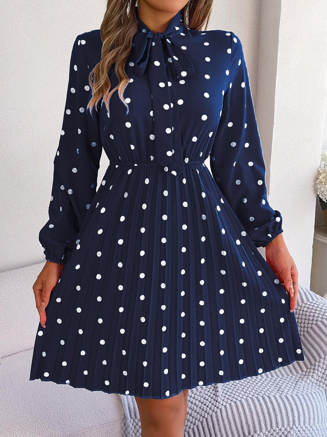 Polka Dot Tie Neck Pleated Dress Carauana Store