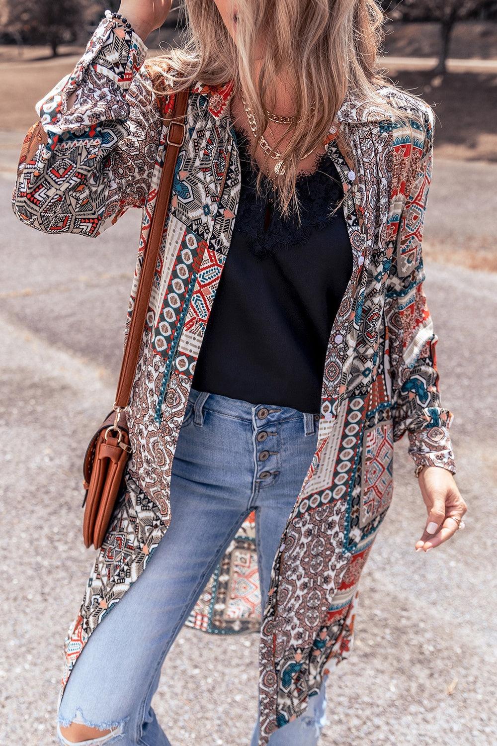 Printed Open Front Collared Neck Cardigan Carauana Store