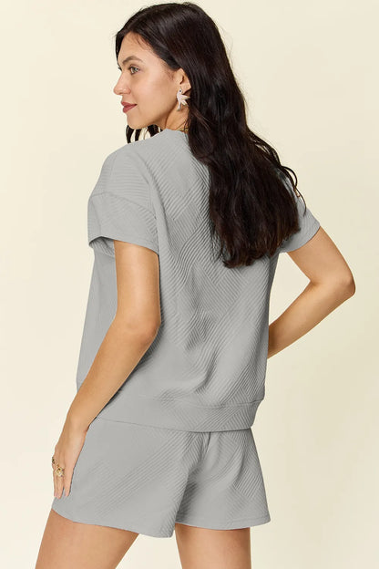 Double Take Full Size Texture Short Sleeve T-Shirt and Drawstring Shorts Set Carauana Store