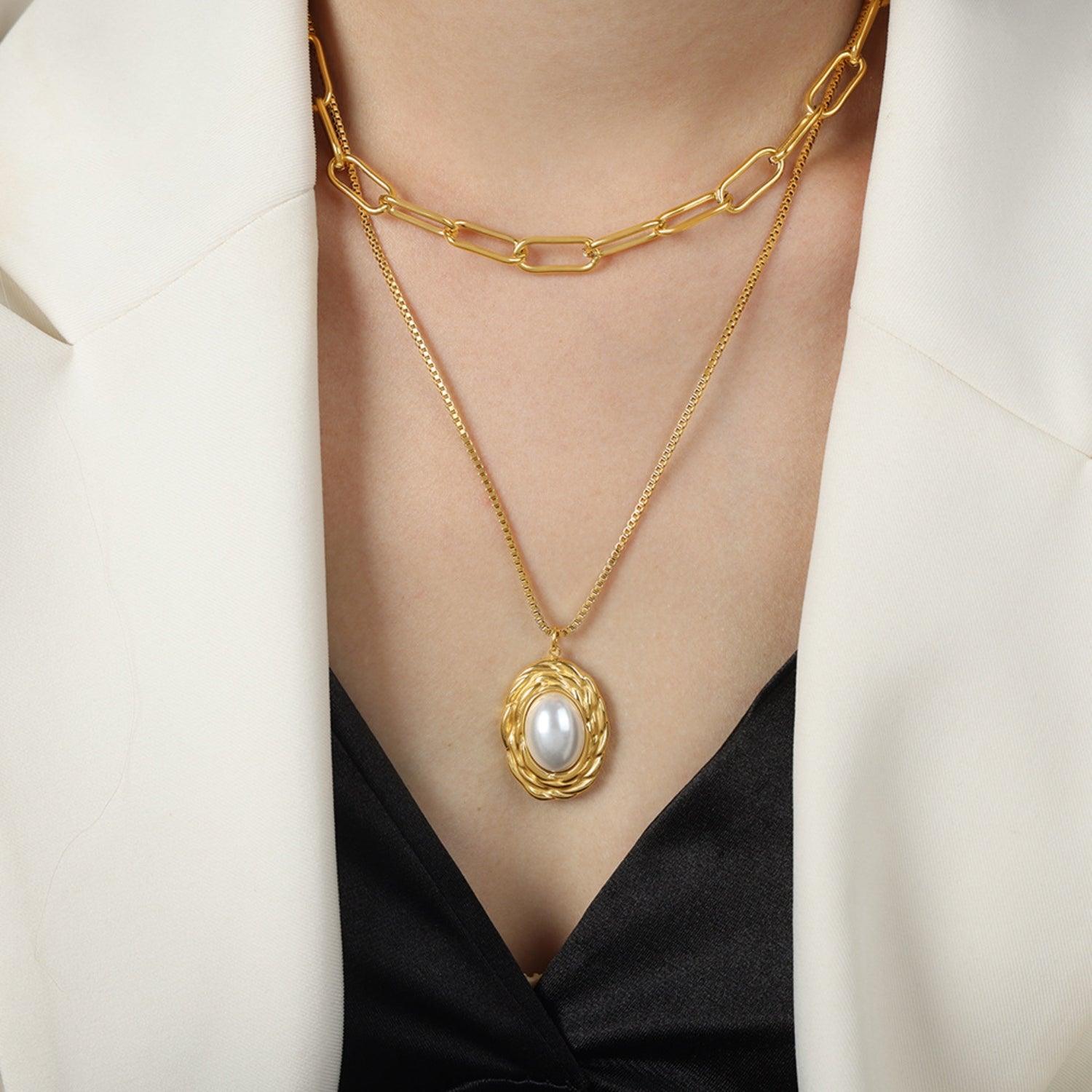 Inlaid Pearl Double-Layered Titanium Steel Necklace Carauana Store