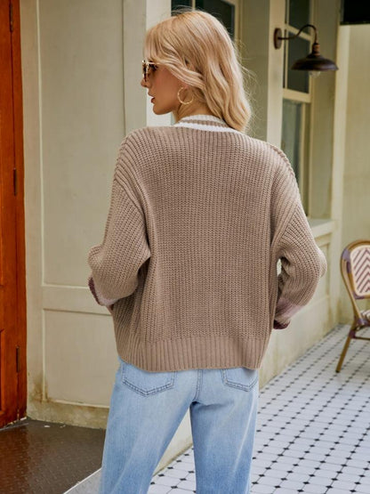Contrast Button Up Dropped Shoulder Cardigan Carauana Store