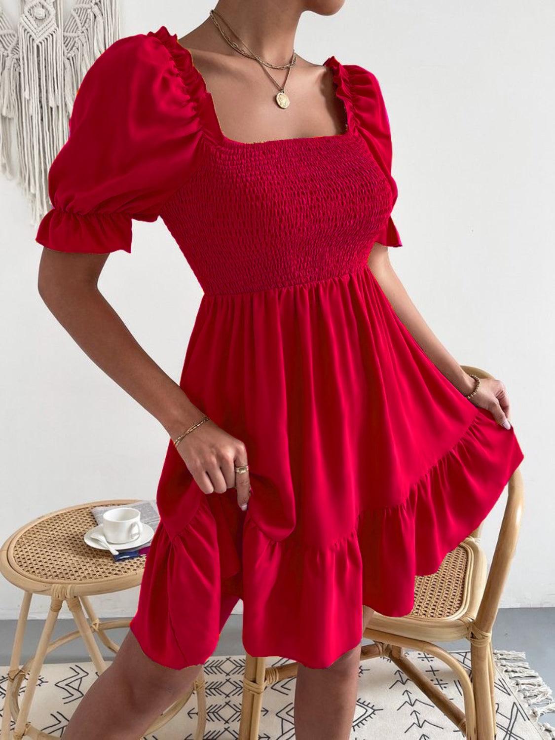 Smocked Square Neck Short Sleeve Dress Carauana Store
