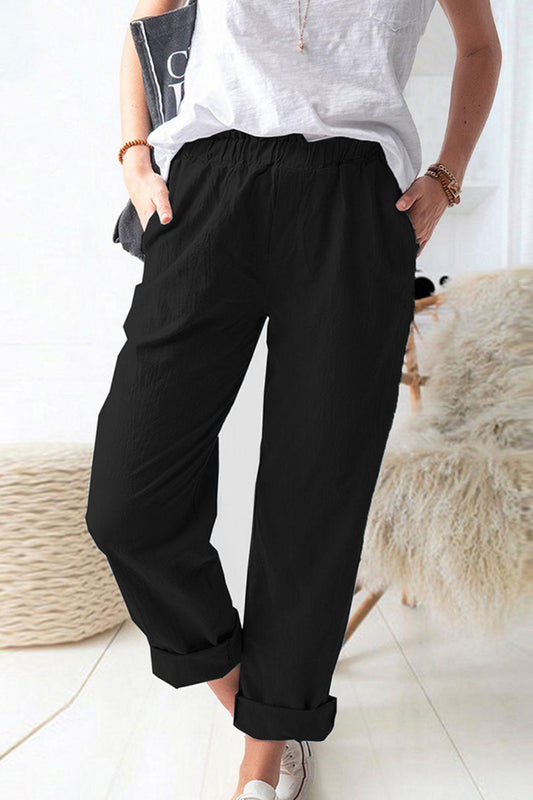 Paperbag Waist Pull-On Pants with Pockets Carauana Store