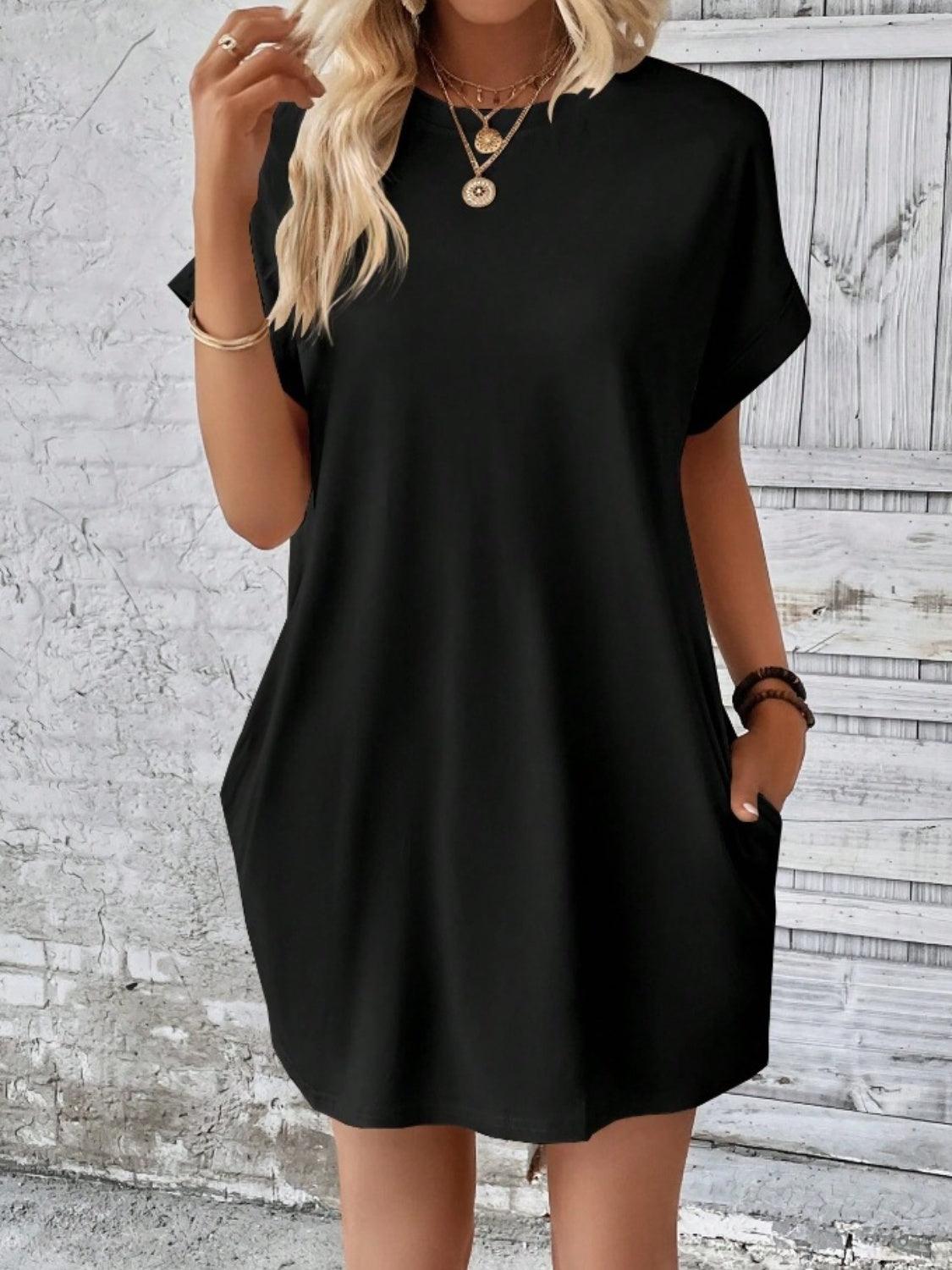 Pocketed Round Neck Short Sleeve Dress Carauana Store