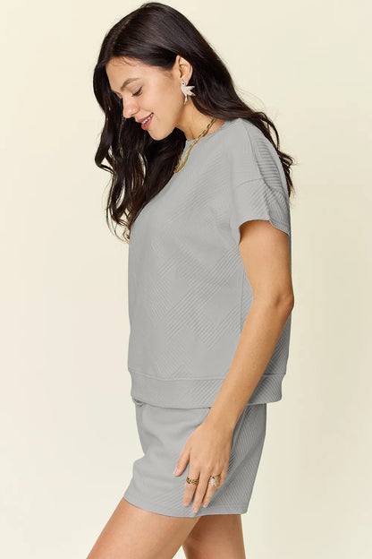 Double Take Full Size Texture Short Sleeve T-Shirt and Drawstring Shorts Set Carauana Store