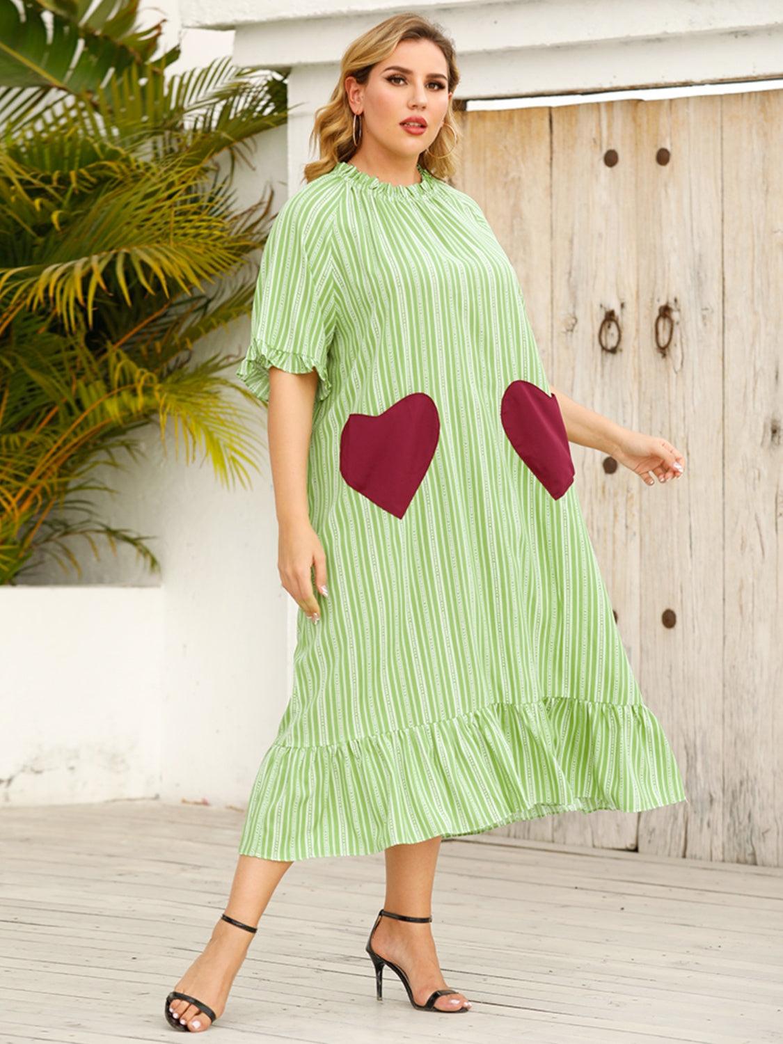 Plus Size Frill Heart Striped Half Sleeve Dress Carauana Store