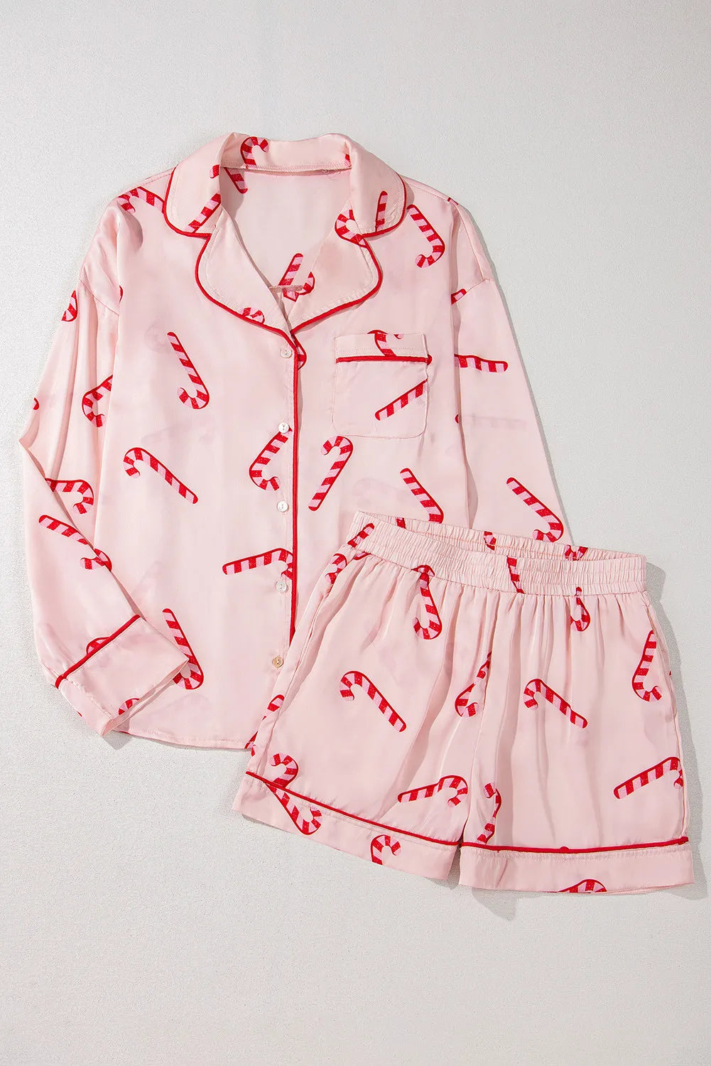 Candy Cane Collared Neck Long Sleeve Top and Shorts Lounge Set Carauana Store