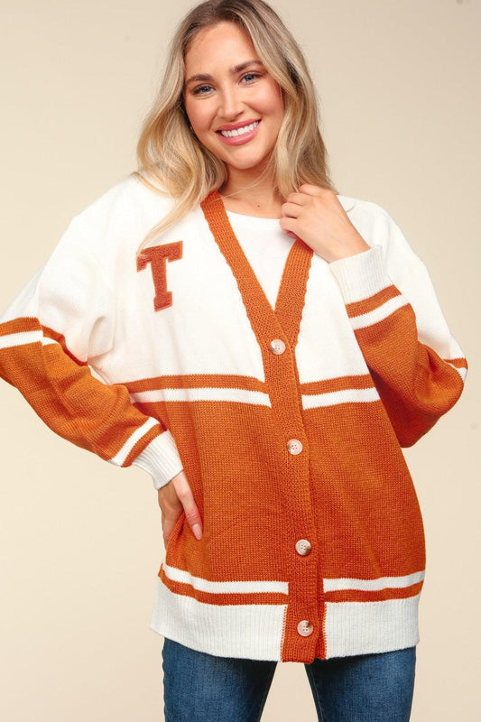 Haptics Full Size V Neck Button Down Letter Patch Cardigan Carauana Store
