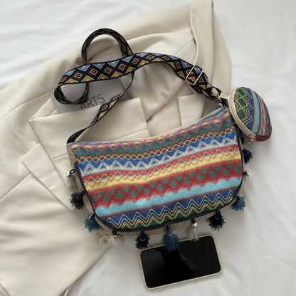 Printed Tassel Detail Crossbody Bag with Small Purse Carauana Store